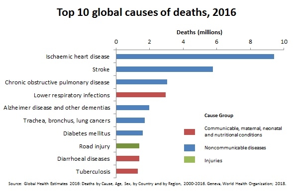 Top 10 global causes of deaths, 2016