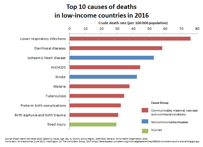 Top 10 global causes of deaths in low-income countries, 2016